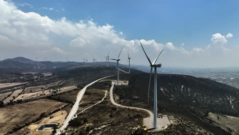 Aerial-view-around-a-wind-power-generators,-in-the-Eolic-Park-of-Esperanza-Puebla,-Mexico