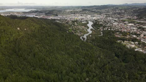 Aerial-tilt-up-from-tropical-forest-on-mountain-to-cityscape-of-Whangarei,-New-Zealand