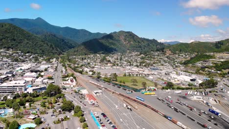 Aerial-cityscape-of-Picton,-New-Zealand,-summer-sunny-day