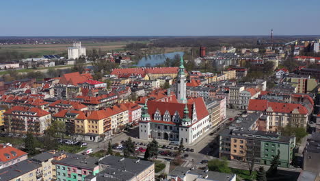 Aerial-view-of-Town-Hall-and-city-center-in-Brzeg,-Poland