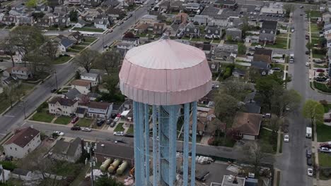 An-aerial-view-of-a-water-tower-in-Elmont,-New-York-under-a-tarp-on-a-cloudy-day