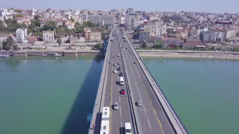 Branko-bridge-and-Sava-river-in-Belgrade's-city-centre,-aerial-4k-shot