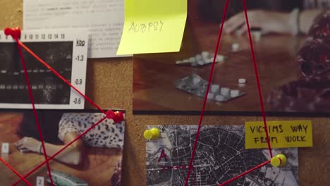 Detective's-hands-place-yellow-sticky-note-on-evidence-board