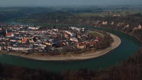 Wasserburg-am-Inn,-old-medieval-town-in-Bavaria,-Germany-surrounded-by-scenic-river-bend