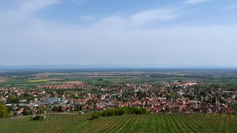 Aerial-elevation-over-vineyards-on-hills,-beautiful-traditionnal-village-on-background-in-east-of-France