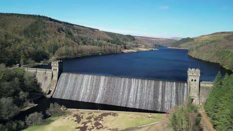 Aerial-helix-establishing-shot-of-the-Derwent-Dam,-home-of-the-Dam-Busters-practice-during-the-second-world-war