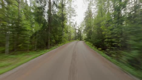 The-car-drives-through-a-forested-area,-where-the-road-cuts-through-the-dense-foliage