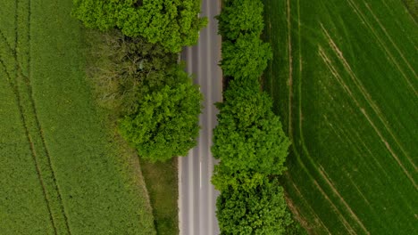 Droneshot---upswing-the-camera-and-following-a-car-driving-along-a-road-to-a-city-next-to-idyllic-green-meadows-and-trees-at-springtime