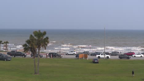 Drone-view-of-Galveston-Beach-in--Galveston,-Texas