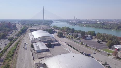 Establishing-aerial-shot-of-Belgrade-fair,-Serbia