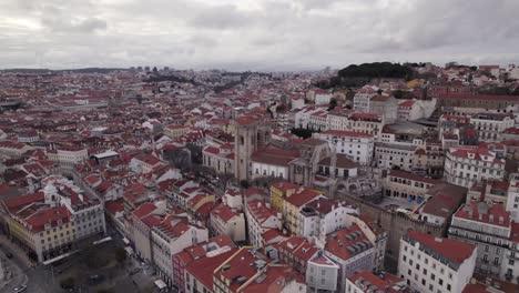 Aerial-pan-of-Lisbon-cathedral,-in-old-town-city-centre