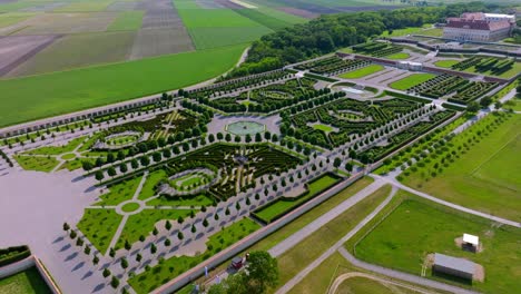 Baroque-Garden-Of-The-Palace-Schloss-Hof-In-Austria---aerial-panoramic