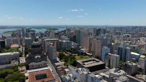Aerial-view-over-the-Historical-Centre-of-Porto-Alegre,-Brazil---reverse,-drone-shot