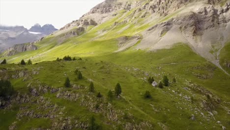 Vista-De-Una-Llanura-En-Los-Alpes-Suizos,-Bosque-De-Abetos-Y-Montañas-Rocosas