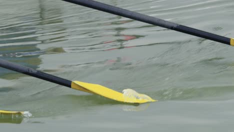 Close-up-of-the-oars-of-a-squad-scull-rowing-boat-lying-loose-in-the-water-during-the-ride
