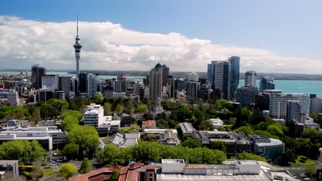 Cityscape-of-Auckland-CBD,-university-buildings-and-Albert-park-aerial-birds-eye-view