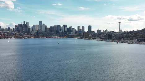 Downtown-Seattle,-Washington-USA,-Aerial-View-From-Lake-Union,-Waterfront-Buildings-and-Marinas