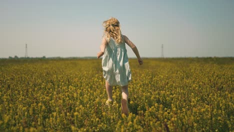Tracking-shot-of-young-female-kid-running-in-flowers-field-during-golden-sunset,-Netherlands