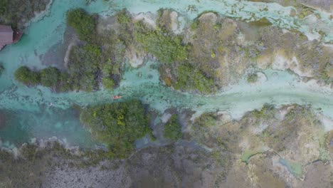 Kayakers-in-Tropical-River-Passage-in-Breathtaking-Mexico-Landscape---Aerial-Top-Down