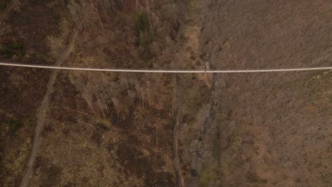 Aerial-high-angle-reveal-shot-of-a-tourist-crossing-Germany's-longest-suspension-bridge-on-a-dry-winter-day