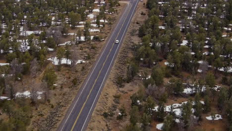 Car-driving-down-a-road-in-Arizona-though-Kaibab-National-Forest---aerial
