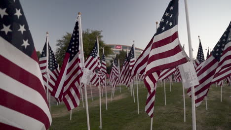 9.11.-Gedenktag-Mit-Vielen-Flaggen-In-Einem-Park-In-Tempe,-Arizona,-Mit-Flattern-Vor-Der-Kamera