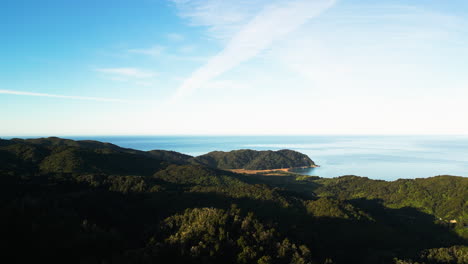 Northern-part-of-Abel-Tasman-National-Park-on-a-sunny-day,-aerial