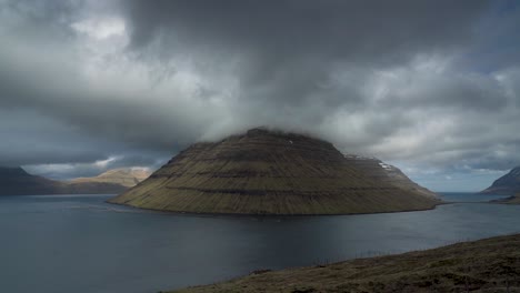 Mountainous-Kunoy-Island-With-Cloudscape-Sky-In-Faroe-Islands,-Denmark