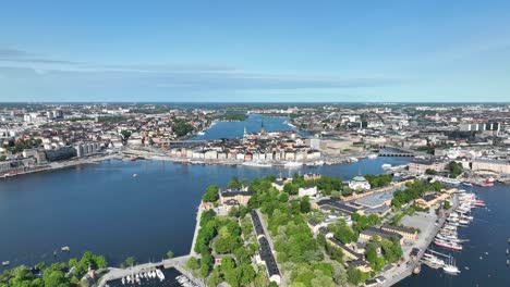 Beautiful-city-aerial-seen-from-Djurgarden-Stockholm---Looking-west-with-Skeppsholmen-and-Kastellet-in-foreground-and-Old-city-with-Nobel-price-Museum-behind---60-fps