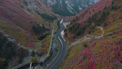 Provo-Canyon-Road-on-Beautiful-Autumn-Fall-Utah-Day,-Aerial-Drone-Flight