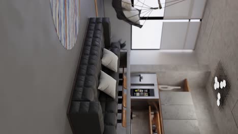 Vertical-revealing-shot-of-a-grayscale-modern-living-room-with-a-hanging-hammock