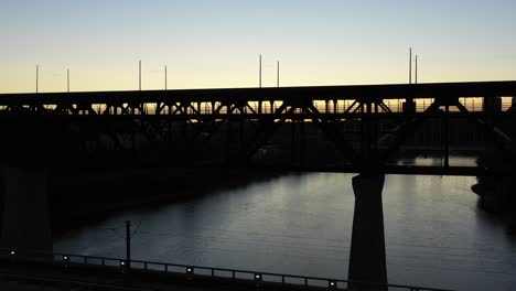 Aerial-drone-view-of-Edmonton's-High-Level-Bridge-and-the-North-Saskatchewan-River-during-pre-dawn-twilight