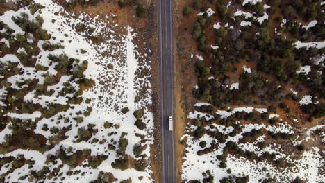 Truck-driving-on-the-road-through-forest-in-winter,-tilt-up-reveal