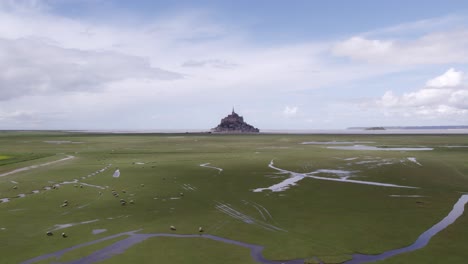 Wide-shot-of-Mont-Saint-Michel-with-sheep-on-cloudy-day,-aerial