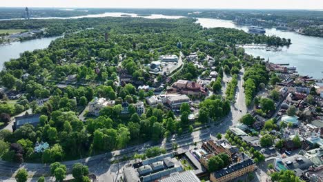 Djurgarden-island-in-Stockholm-Sweden---Full-panoramic-summer-aerial-view-with-waterways-seen-around-island