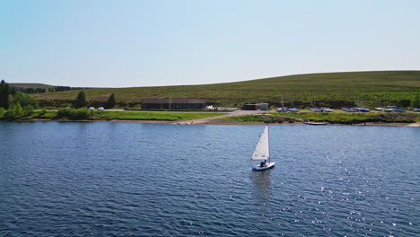 Winscar-Reservoir-in-Yorkshire,-where-a-boat-race-unfolds-on-the-marvelous-blue-lake