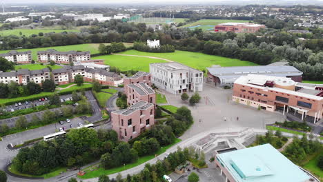 Drone-Aerial-View-of-University-of-Limerick-Buildings-and-Sports-Fields,-Ireland