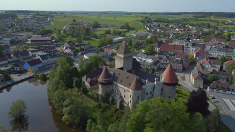 Stunning-aerial-top-view-flight-Austria-Heidenreichstein-castle-in-Europe,-summer-of-2023