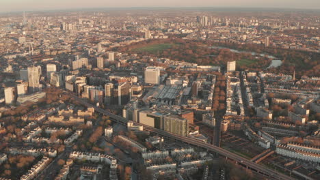 Aerial-shot-over-Paddington-station-West-London-at-sunset