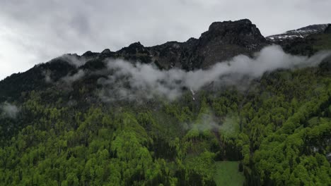 Schweizer-Berg-Bedeckt-Mit-Nadelbäumen-Und-Nebligen-Wolken,-Luftaufnahme