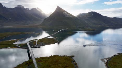 Moody-Aerial-Of-Bridge-In-Lofoten-Islands,-Norway