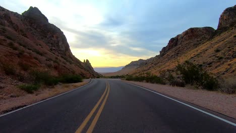 Valley-of-Fire-entrance-and-morning-sunrise-from-highway-driving-POV