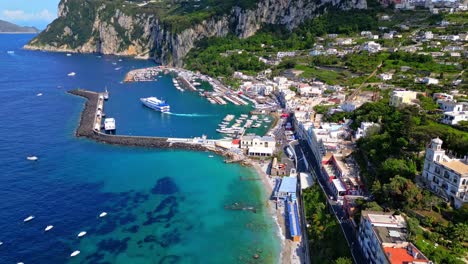 Scenic-View-Of-Marina-Grande-In-Capri-Island,-Italy---aerial-drone-shot