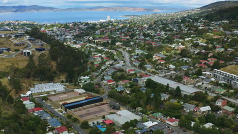 Aerial-Drone-Flyover-Hobart-City-Skyline-And-Buildings-On-Sunny-Day,-Tasmania-Australia-4K