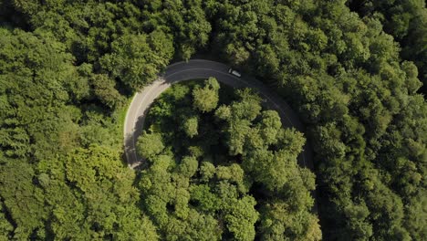 A-transporter-car-is-driving-into-a-tight-serpentine-curve-in-a-green-forest,-drone-shot-zooming-slightly-in
