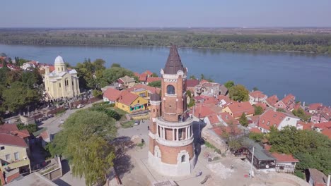 Static-postcard-aerial-shot-of-Gardos-Tower-in-Zemun-Old-city,-Serbia-4k