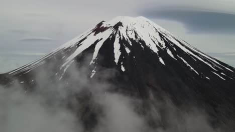 Impressive-mountain,-volcano-snowy-peak-of-Mount-Ngauruhoe,-New-Zealand