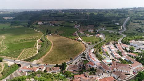 Aerial-Shot-the-Medieval-Village-of-Obidos,-Portugal