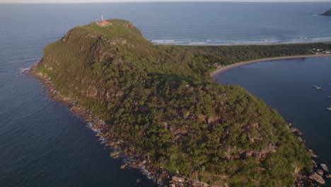 Palm-Beach-With-Barrenjoey-Lighthouse-In-New-South-Wales,-Australia---aerial-drone-shot