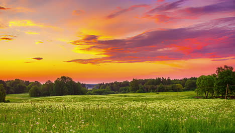 Timelapse-of-clouds-moving-across-fiery-sky-over-lush-green-landscape